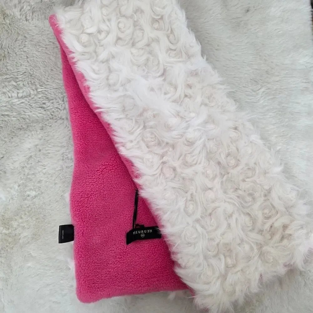 HEURUEH Faux Fur Hybrid Pull Through Scarf Pink Cream Fleece Luxe Winter OS
